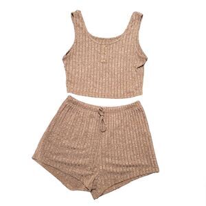 Heathered Brown Ribbed Loungewear Set Pajamas Size Medium